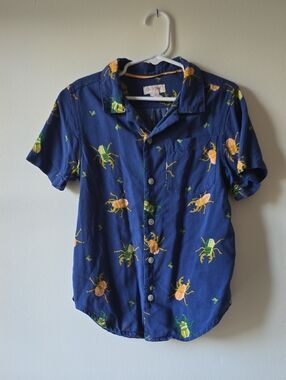 Cat & Jack Navy Short-Sleeve Button-Up Shirt with Yellow & Green Beetle Print